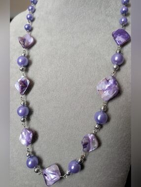 Purple Shell & Faux Pearl Necklace 22"  Silver Tone